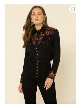 Scully Black Button-Down Shirt with Copper Embroidered Yoke